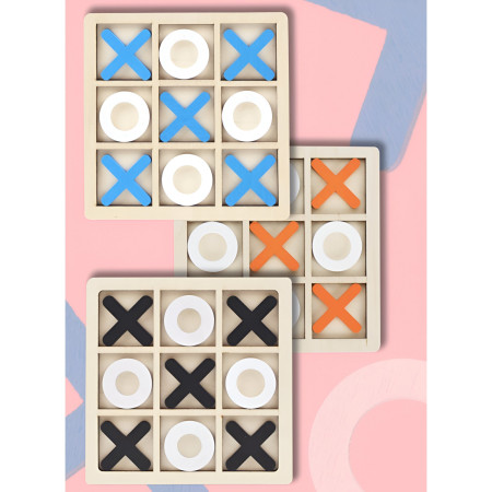 Jucarie Montessori Tic Tac Toe, Cyrax, Educativa, Interactiva, din lemn, X si O, 9 Piese, 14.3x14.3 cm, Albastru Alb
