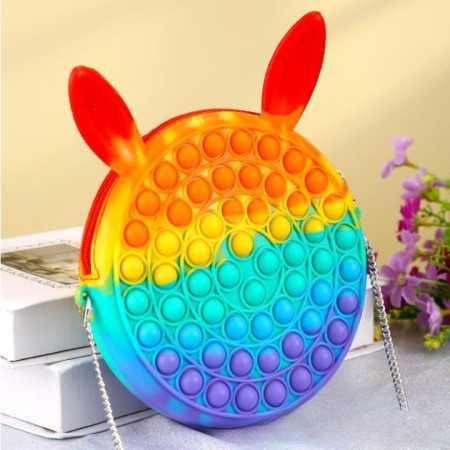 Jucarie antistres din silicon Cyrax, Geanta Pop It, Iepuras, 16 cm, Curcubeu