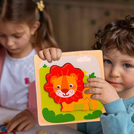 Puzzle Montessori din Lemn pentru Copii, Cyrax, 3D, 0-3 Ani, Model Leu, Educativ, Intuitiv, Creativ, 3 Piese, 15x15x0.5 cm, Multicolor