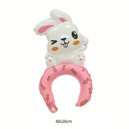 Balon din Folie Metalizata, Cyrax, Tip Coronita, Model Iepure, Ambalaj Individual, Pai Inclus, Umflare cu Aer sau Heliu, 48 x 28 cm, Roz