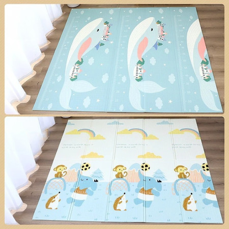 Covoras pentru Copii, Cyrax, cu 2 Fete, Model Balene/Iepurasi, din XPE+PE, Impermeabil, Antiderapant, Protectie Termica, +3 Luni, Pliabil, 180 x 200 x 1.5 cm, Multicolor