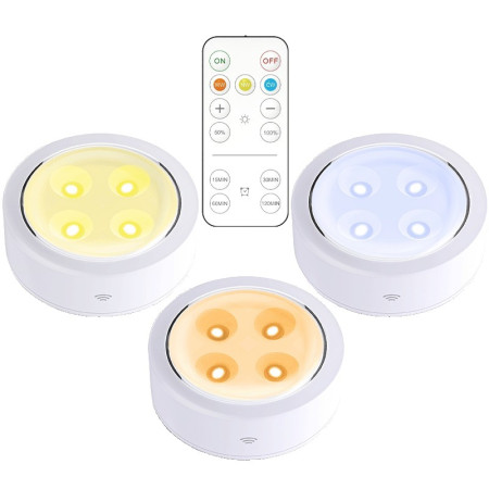 Set de 3 Lampi Led  Fara Fir, Cu Baterii, 3 Culori de Lumina, cu Telecomanda, din Plastic, Alb
