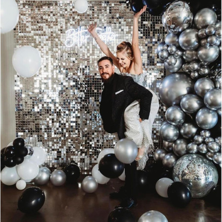 Set 10 Baloane din Latex Chrome, Cyrax, Model Party, 23 cm, Negru Argintiu, 2.2 g