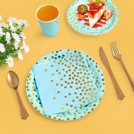 Set 10 Farfurii Unica Folosinta, Cyrax, Imprimeu cu Buline, din Carton, Diametru 23 cm, Albastru/Auriu