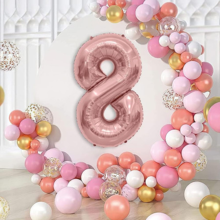 Balon din Folie Metalizata Cyrax, Figurina Cifra, Tema Aniversare 100 cm, Ambalaj Individual, Pai inclus, Umflare cu Aer sau Heliu, Coral, Rose Gold, Cifra 8