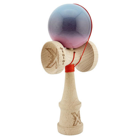 Kendama X Originala, Profesionala, Cyrax, Big Cups V2, Super Sticky Cupe Mari, Rulment Metalic cu Ata 55 cm, Albastru Deschis/Mov/Roz