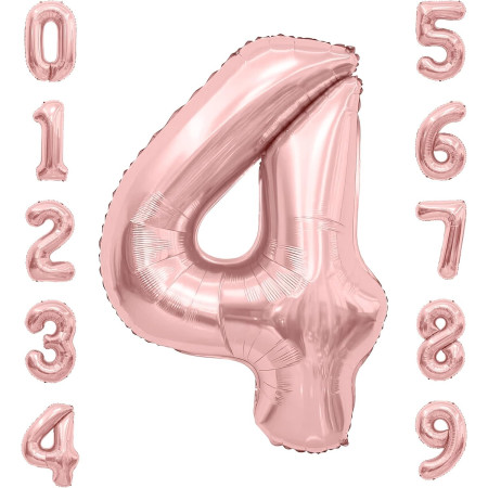 Balon din Folie Metalizata Cyrax, Figurina Cifra, Tema Aniversare 40 cm, Ambalaj Individual, Pai inclus, Umflare cu Aer sau Heliu, Rose Gold, Cifra 4