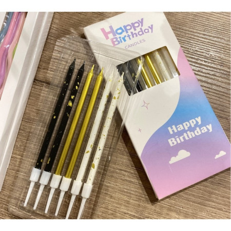 Set 6 Lumanari Lungi, Cyrax, din Parafina, 10 x 0.5 cm, Happy Birthday, Alb/Negru/Auriu