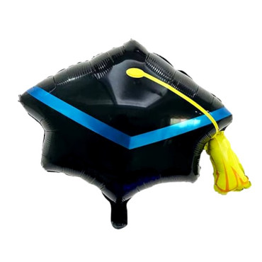 Balon din Folie Metalizata, Cyrax, Figurina, Model Toca Congrats Grad, Tematica Absolvire, 56x70 cm, Ambalaj Individual, Pai Inclus, Umflare cu Aer sau Heliu, Negru-Albastru