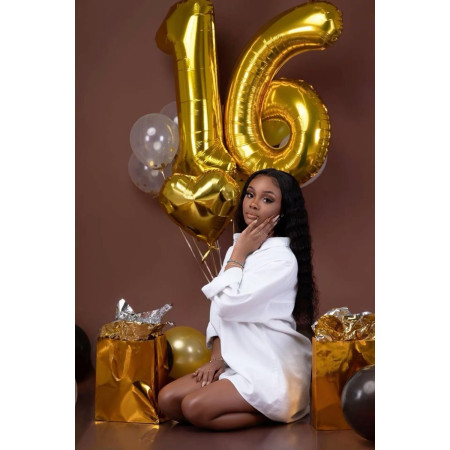 Balon din Folie Metalizata Cyrax, Figurina Cifra, Tema Aniversare 40 cm, Ambalaj Individual, Pai inclus, Umflare cu Aer sau Heliu, Auriu, Cifra 6