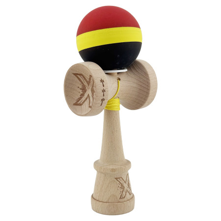 Kendama X Originala, Profesionala, Cyrax, Cupe Mari KING SIZE V3, Rubber Grip, Gaura in Baza, Rulment Metalic, din lemn 18 cm, Ata 62/65 cm, M Rosu/Galben/Negru