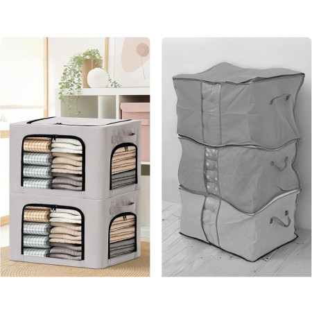 Cutie de Depozitare,  cu 3 Ferestre cu Fermoar Bidirectional, Cadru din Otel, Impermeabil, 38L, 42 x 30 x 30 cm, Gri