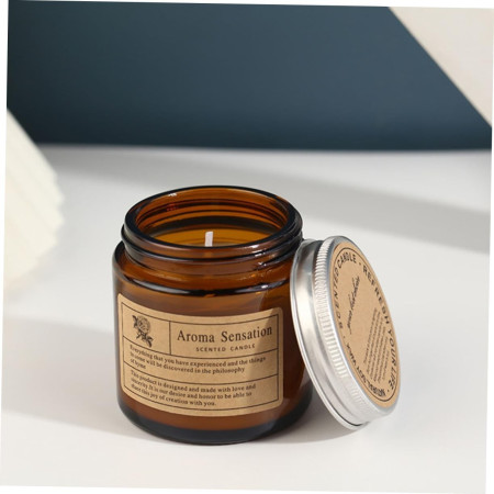 Lumanare Parfumata,  Model Borcan Maro, Aroma de Lemn de Santal, din Ceara Vegetala, 6 x 6.5 x 6.5 cm, Maro