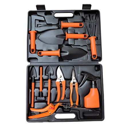 Set 12 Unelte de Gradina,  pentru Plantare Prelucrare Sol si Ingrijire Plante, Manere Portocalii, Material PVC si Cardboard, Cutie Inclusa, 37x28 cm, Negru