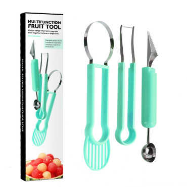 Ustensila bucatarie 4 in 1 pentru taiat si decorat fructe Cyrax, material inox si plastic, compact, 28x6.2 cm, verde