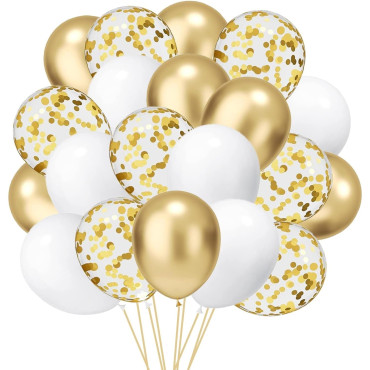 Set 16 Baloane din Latex, Cyrax, Model Party, 30 cm, Alb, Auriu, Transparent Confetti, 2.8 g