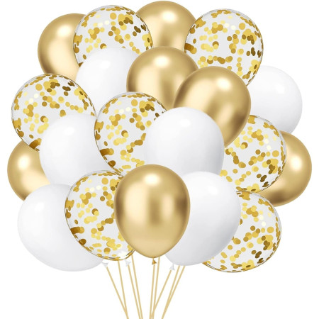 Set 16 Baloane din Latex, Cyrax, Model Party, 30 cm, Alb, Auriu, Transparent Confetti, 2.8 g