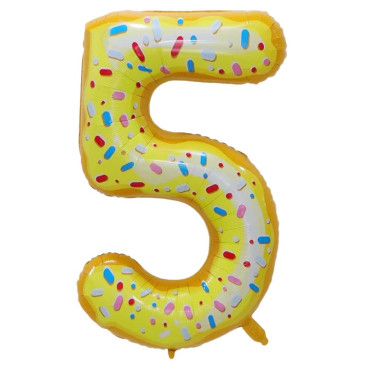 Balon din Folie Metalizata Cyrax, Figurina Cifra, Imprimeu Gogosi, Tema Aniversare 100 cm, Ambalaj Individual, Pai inclus, Umflare cu Aer sau Heliu, Multicolor, Cifra 5