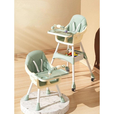 Scaun de Masa 2in1, Cyrax, pentru Copii de la 6 luni - 5 Ani, Inaltime Reglabila, Centura in 5 Puncte, Tava de Masa, Roti cu Frana, Cos Depozitare, Jucarie Inclusa, 94 x 78 x 60 cm, Verde