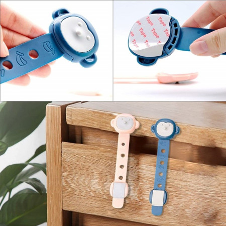 Siguranta pentru Usi Copii,  Sistem de Blocare Sertare, Dulap, Frigider, Adeziv, cu Sistem de Inchidere Dublu, Model Maimutica, Albastru