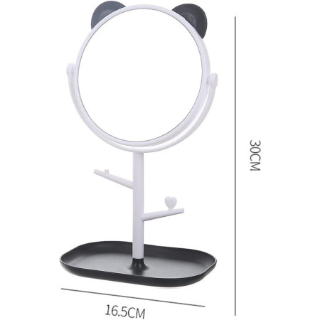 Oglina Cosmetica cu Picior, Cyrax, HD, Rotire 360 Grade, 15 cm Diametru, Suport Bijuterii Baza + Brate, Model cu Urechi, 30 x 16.5 x 15 cm, Alb/Negru