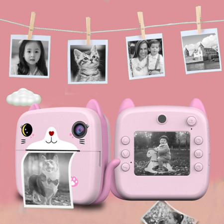 Camera Instantanee pentru Copii, Cyrax, cu Functie de Printare, Camera Frontala + Selfie, Cablu USB-C, Bluetooth, Compatibil iOS/Android, Imprimare APP, Model Pisica, Roz