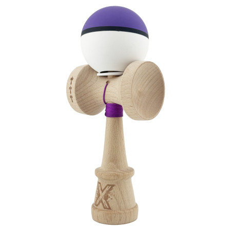 Kendama X Originala, Profesionala, Cyrax, Cupe Mari KING SIZE V3, Rubber Grip, Gaura in Baza, Rulment Metalic, din lemn 18 cm, Ata 62/65 cm, S Bicolor Mov/Alb