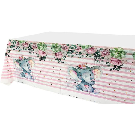 Fata de Masa, Cyrax, din Plastic, Imprimeu Elefanti, 180 x 108 cm, Roz