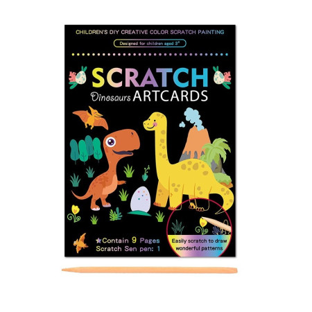 Set 9 Planse Razuibile, Cyrax, Scratch ArtCards, +3 Ani, de Razuit si de Colorat, 19 x 14 cm, Model Dinozauri, Multicolor