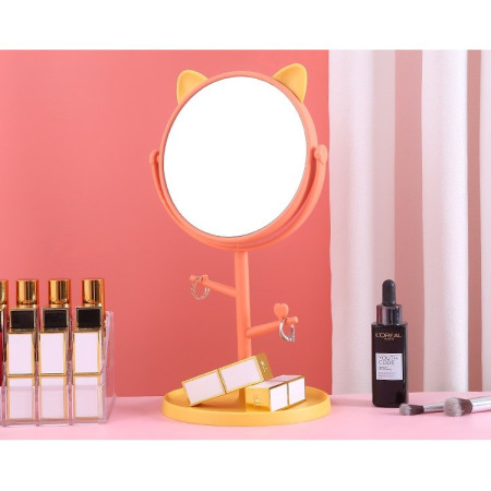 Oglina Cosmetica cu Picior, Cyrax, HD, Rotire 360 Grade, 15 cm Diametru, Suport Bijuterii Baza Rotunda + 2 Brate, Model cu Urechi, 31 x 14.5 x 15 cm, din Plastic, Portocaliu/Galben