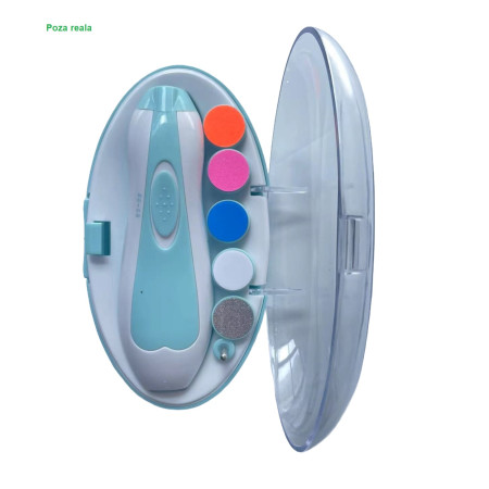 Pila Electrica Unghii pentru Bebelusi, Cyrax, 6 Piese, 15 x 4.5 x 3 cm, Silentios, 0-3 Ani, 4 Trepte de Viteza, Albastru