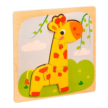 Puzzle Montessori din Lemn pentru Copii, Cyrax, 3D, 0-3 Ani, Model Girafa, Educativ, Intuitiv, Creativ, 4 Piese, 15x15x0.5 cm, Multicolor