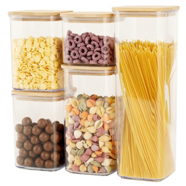 Cutii de Depozitare Alimente, Cyrax, Set din 5 Cutii de tip Container, Cutii pentru Cereale, din Plastic, Capac din Bambuc, 1pc 0.5 l. 2pc 0.8 l, 2pc 1.2 l, 1pc 1.9 l,  Transparente