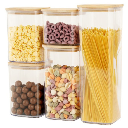 Cutii de Depozitare Alimente, Cyrax, Set din 5 Cutii de tip Container, Cutii pentru Cereale, din Plastic, Capac din Bambuc, 1pc 0.5 l. 2pc 0.8 l, 2pc 1.2 l, 1pc 1.9 l,  Transparente
