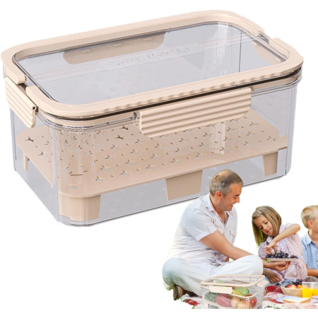 Cutie pentru Depozitare Alimente, Cyrax, de Uz Casnic, 2 Compartimente, Zona pentru Gheata, Mentinere Fresh, cu Maner, Material PET, 23x15x10.8 cm, Bej