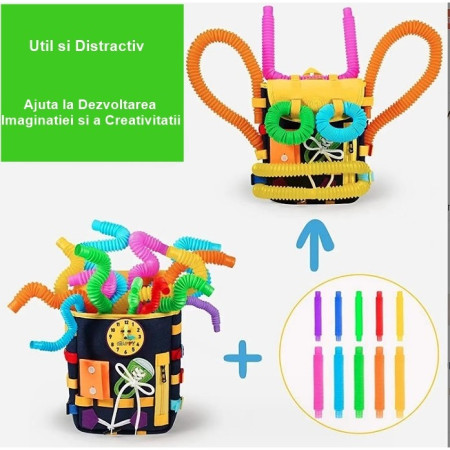 Ghiozdan Montessori, Cyrax, pentru Copii 2-6 ani, Fidget Pop, cu Catarame si Fermoare, Jucarii Senzoriale, Activitate de Invatare prin Joc, Albastru Marin, 0.25 kg, 28x10x23 cm