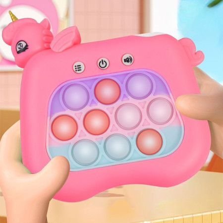 Jucarie Interactiva Tip Consola pentru Copii, Cyrax, Diferite Moduri de Joc, 120 Nivele, Material ABS/silicon, Sunete si Lumini, 13.5 x 5.5 x 12.5 cm, Model Unicorn, Fucsia