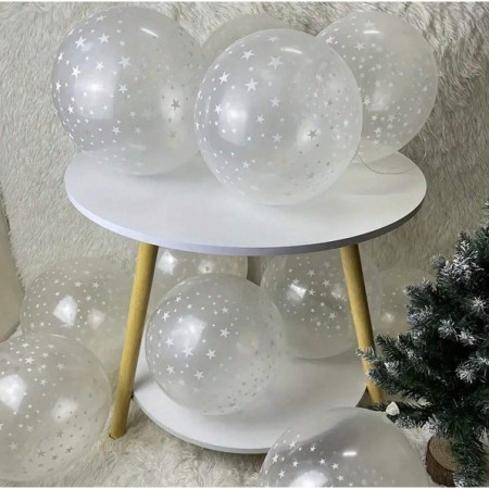 Set 10 Baloane din Latex Transparente, Cyrax, Model Party, 30 cm, Stelute Albe, 2.8 g