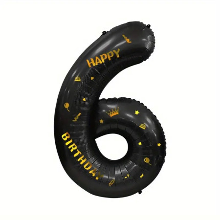 Balon din Folie Metalizata Cyrax, Figurina Cifra, Scris Happy Birthday, Tema Aniversare 100 cm, Ambalaj Individual, Pai inclus, Umflare cu Aer sau Heliu, Negru, Cifra 6