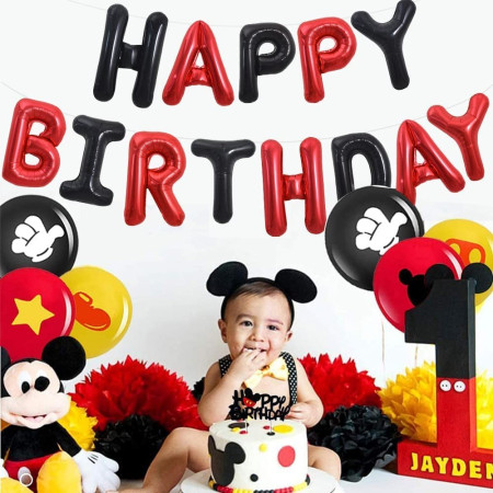 Set Baloane din Folie Metalizata, Cyrax, Model Happy Birthday, Litere de 40 cm, Baloane Party, Ambalaj Individual, Pai, Ata si Adeziv Incluse, Umflare cu Aer sau Heliu, Rosu-Negru