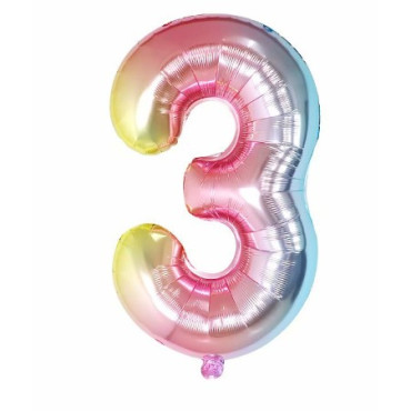 Balon din Folie Metalizata Cyrax, Figurina Cifra Gradient, Tema Aniversare 40 cm, Ambalaj Individual, Pai inclus, Umflare cu Aer sau Heliu, Multicolor, Cifra 3