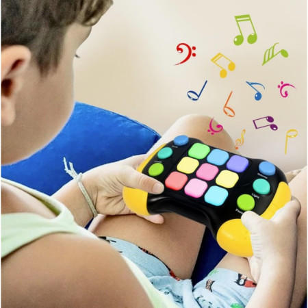 Jucarie Interactiva Cyrax, Tip Consola Pop It, 6 butoane functionale, 5 Moduri de Joc, 600 Niveluri, + 3 ani, Galben/Negru