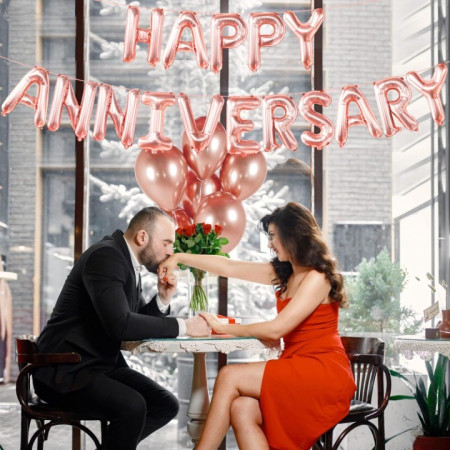 Set Baloane din Folie Metalizata, Cyrax, Model Happy Anniversary, Litere de 40 cm, Baloane Party, Ambalaj Individual, Pai Inclus, Umflare cu Aer sau Heliu, Roz