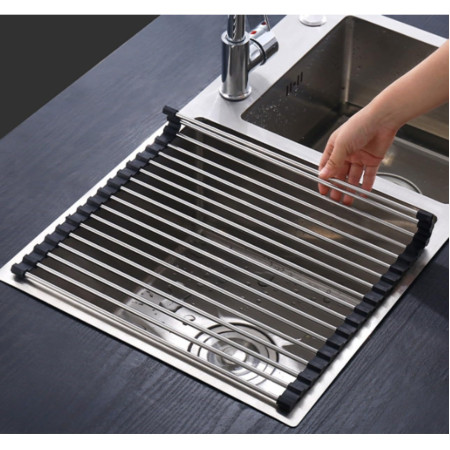 Cyrax Covoras de Scurgere pentru Chiuveta Bucatarie, din Otel Inoxidabil, Suport Chiuveta, Pliabil, Antiderapant, Usor de Curatat si de Depozitat, 37x30 cm, 15 Tuburi, Negru