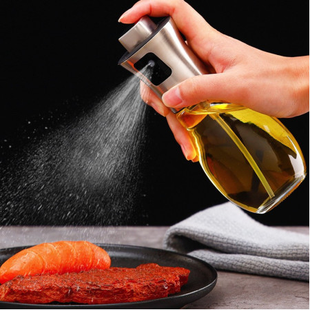 Sticla de ulei cu Pulverizator, Cyrax, Sticla pentru Lichide de Bucatarie, Otet, Sos, 16.7 x 5.2 cm, Volum 200 ml, Gri