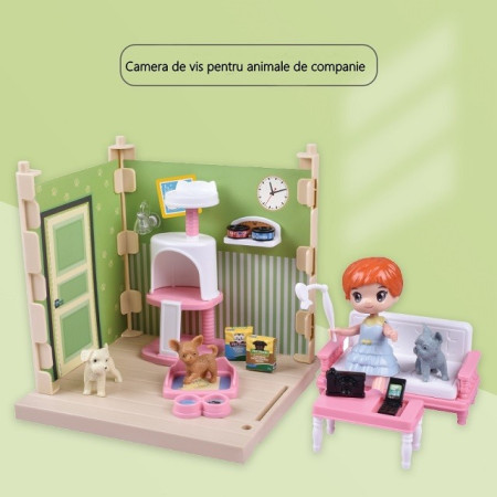 Set adapost pentru animalute Cyrax, casa de papusi cu mobilier si ustensile, activitati distractive