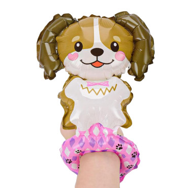 Balon din Folie Metalizata, Cyrax, Figurine Animalute, Tip Bratara, Model Catel, 13 x 35 cm, Ambalaj Individual, Pai Inclus, Umflare cu Aer sau Heliu, Maro