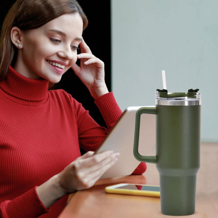 Cana Termos din Plastic, Cyrax, pentru Bauturi Calde si Reci, cu Maner, 9.9x9.9x27 cm, Verde Army