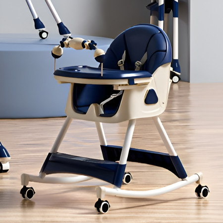 Scaun de Masa pe Roti pentru Copii, Cyrax, 2 Tavite si Husa Detasabile, Multifuncțional, Stabil, Centura de Siguranta, Spatar Reglabil Moale, Balansoar, Cos de Depozitare, de la 6 Luni, Albastru