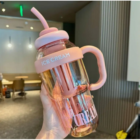 Sticla de Apa, Cyrax, Termica, Mentinere 6 Ore, 1400 mL, cu Pai si Capac, PP si Silicon, cu Maner Alb, 25.5x7.5 cm, Roz Deschis